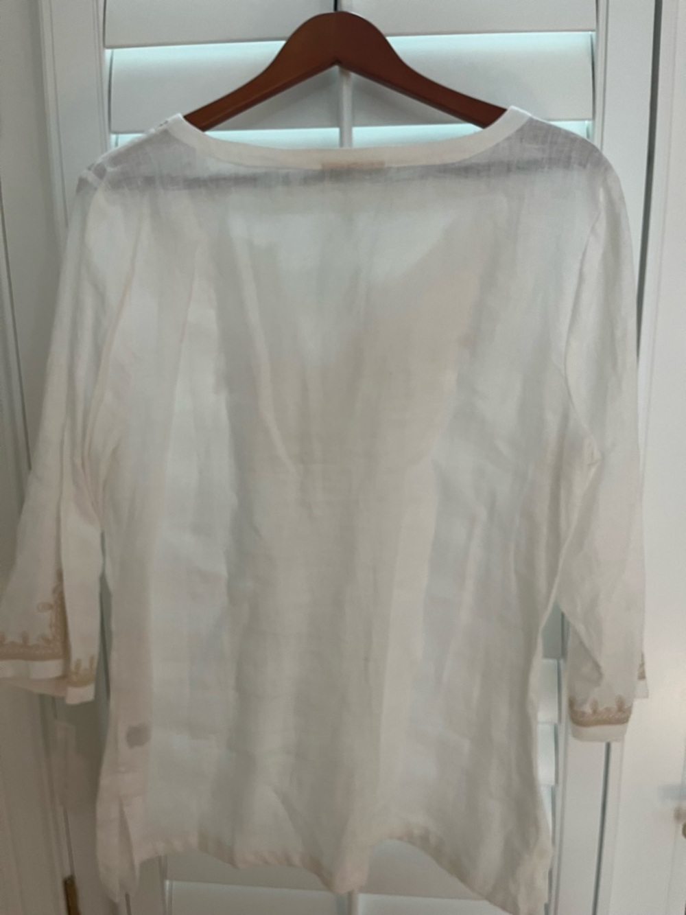 Charter Club White Linen Top with Tan Embroidered Floral Design - Picture 5 of 9